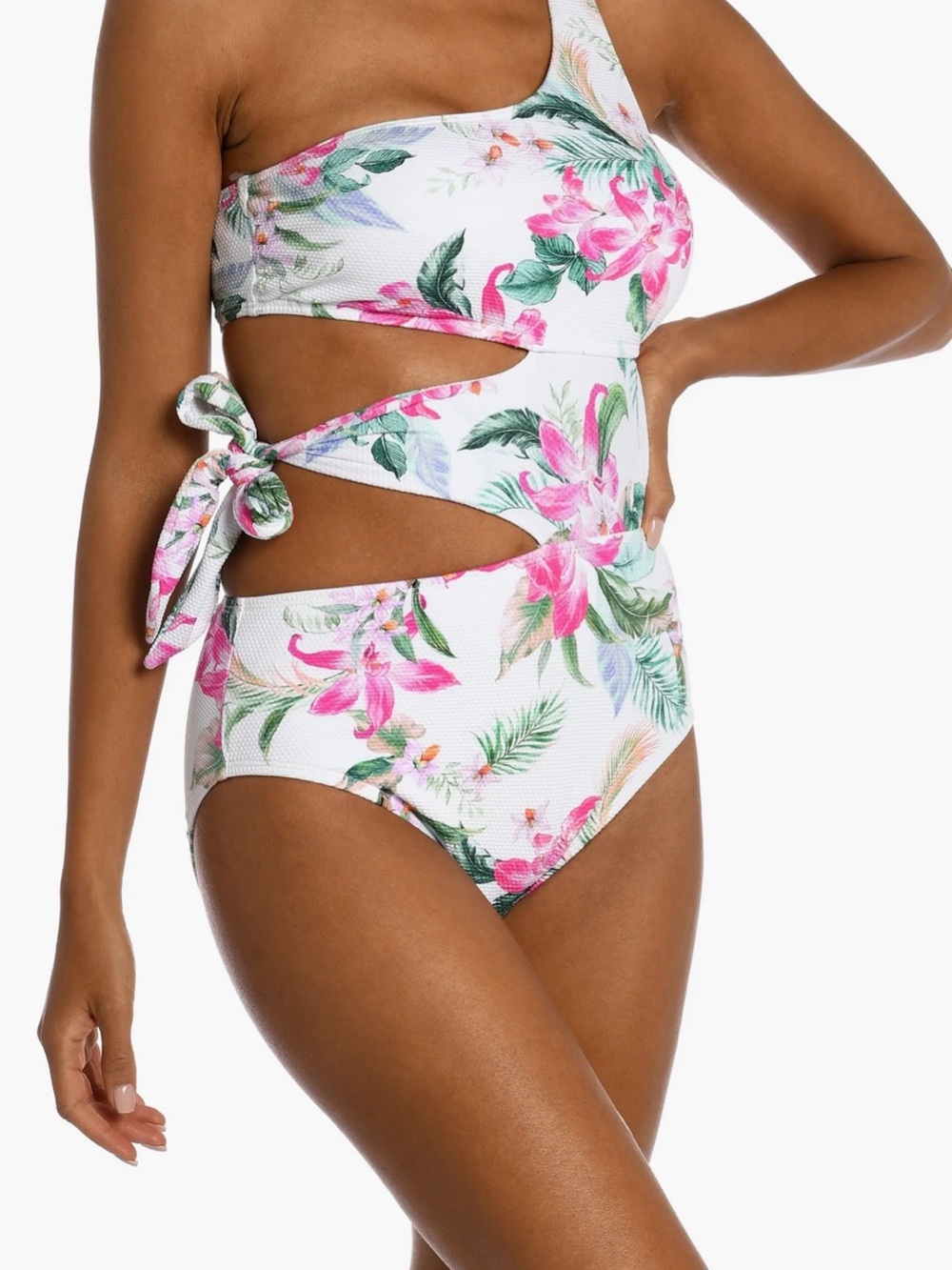 La Blanca One Piece Swimsuit Tropical Floral One-Shoulder Cut-Out Lined Size 4